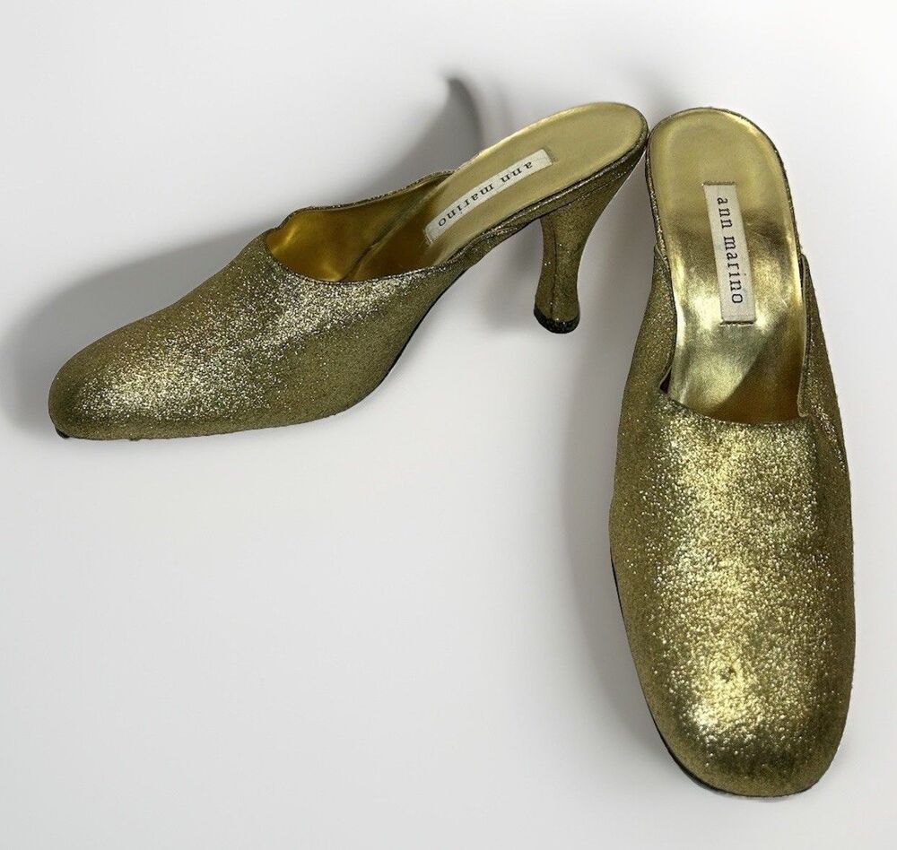 Ann Marino Gold Sparkle Almond Toe Block Heel Shoes Womens 10 - Picture 4 of 11
